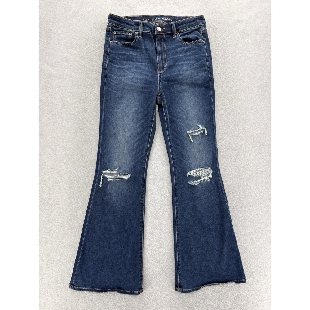 American Eagle Super Hi Rise Flare Jeans Womens 10 Blue Medium Wash Distressed